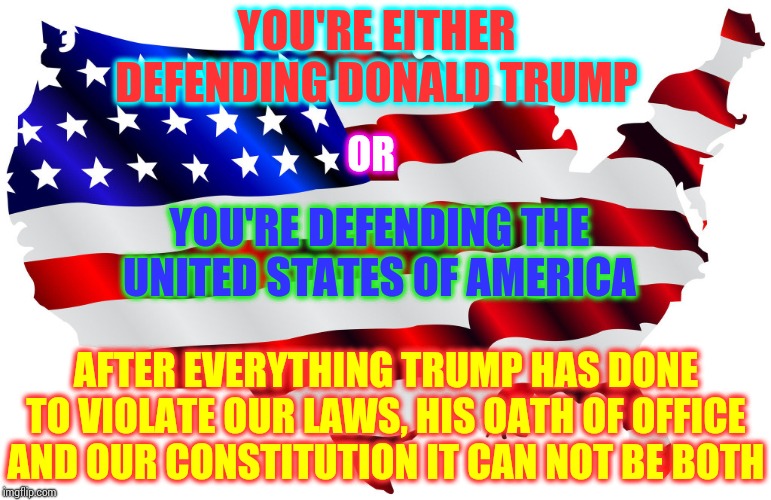 The United States of America Will Never Have A Dictator.  Period. | YOU'RE EITHER DEFENDING DONALD TRUMP; OR; YOU'RE DEFENDING THE UNITED STATES OF AMERICA; AFTER EVERYTHING TRUMP HAS DONE TO VIOLATE OUR LAWS, HIS OATH OF OFFICE AND OUR CONSTITUTION IT CAN NOT BE BOTH | image tagged in united states of america,memes,trump unfit unqualified dangerous,lock him up,liar in chief,trump traitor | made w/ Imgflip meme maker