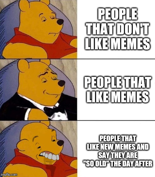 Best,Better, Blurst | PEOPLE THAT DON'T LIKE MEMES; PEOPLE THAT LIKE MEMES; PEOPLE THAT LIKE NEW MEMES AND SAY THEY ARE "SO OLD" THE DAY AFTER | image tagged in best better blurst | made w/ Imgflip meme maker
