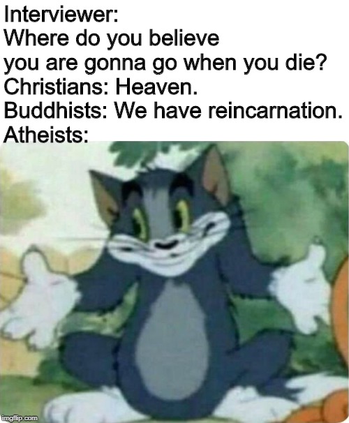 I have no idea where I'm going. | Interviewer: Where do you believe you are gonna go when you die?
Christians: Heaven.
Buddhists: We have reincarnation.

Atheists: | image tagged in tom shrugging,religion,atheists,christianity,buddhism | made w/ Imgflip meme maker