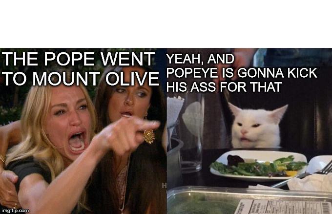 Woman Yelling At Cat | YEAH, AND POPEYE IS GONNA KICK HIS ASS FOR THAT; THE POPE WENT TO MOUNT OLIVE | image tagged in memes,woman yelling at cat | made w/ Imgflip meme maker