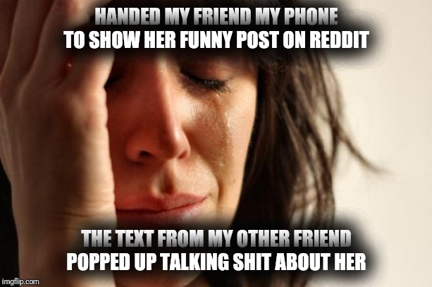 First World Problems | HANDED MY FRIEND MY PHONE TO SHOW HER FUNNY POST ON REDDIT; THE TEXT FROM MY OTHER FRIEND POPPED UP TALKING SHIT ABOUT HER | image tagged in memes,first world problems | made w/ Imgflip meme maker