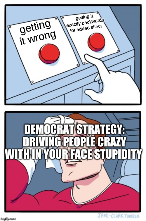 democrats are monolithic colony of weaponized agents whose thoughts are imprisoned by satans propaganda machine | getting it exactly backwards for added effect; getting it wrong; DEMOCRAT STRATEGY: DRIVING PEOPLE CRAZY WITH IN YOUR FACE STUPIDITY | image tagged in memes,two buttons | made w/ Imgflip meme maker