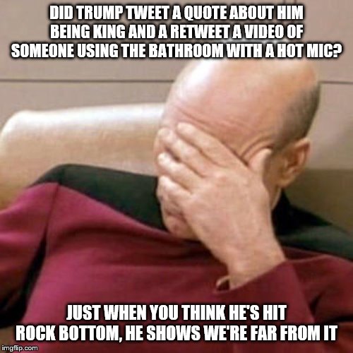 Patrick Stewart  | DID TRUMP TWEET A QUOTE ABOUT HIM BEING KING AND A RETWEET A VIDEO OF SOMEONE USING THE BATHROOM WITH A HOT MIC? JUST WHEN YOU THINK HE'S HIT ROCK BOTTOM, HE SHOWS WE'RE FAR FROM IT | image tagged in patrick stewart | made w/ Imgflip meme maker