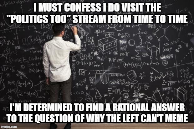 Math | I MUST CONFESS I DO VISIT THE "POLITICS TOO" STREAM FROM TIME TO TIME I'M DETERMINED TO FIND A RATIONAL ANSWER TO THE QUESTION OF WHY THE LE | image tagged in math | made w/ Imgflip meme maker