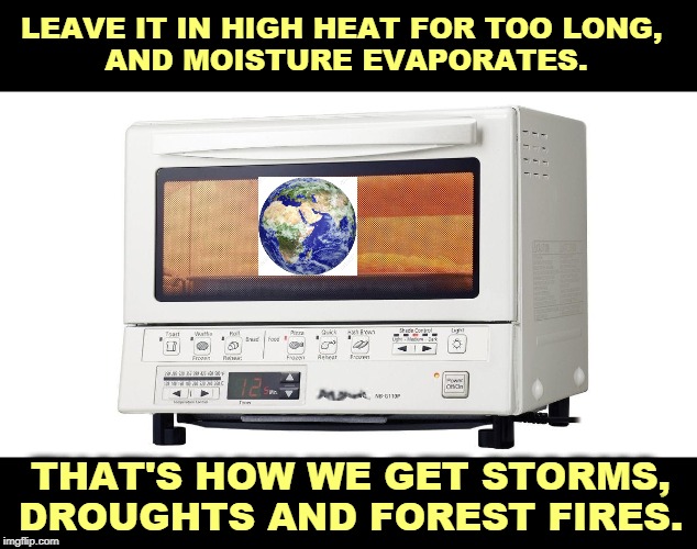 It's just like burning toast, except we're the toast. Anybody who tells you different is really, really stupid. | LEAVE IT IN HIGH HEAT FOR TOO LONG, 
AND MOISTURE EVAPORATES. THAT'S HOW WE GET STORMS, DROUGHTS AND FOREST FIRES. | image tagged in global warming,climate change,heat,fire,storm,drought | made w/ Imgflip meme maker