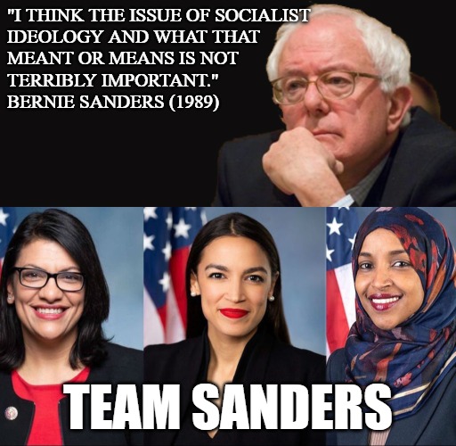 "I THINK THE ISSUE OF SOCIALIST 
IDEOLOGY AND WHAT THAT 
MEANT OR MEANS IS NOT 
TERRIBLY IMPORTANT."

BERNIE SANDERS (1989); TEAM SANDERS | image tagged in bernie sanders 2016 | made w/ Imgflip meme maker