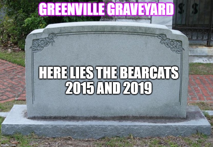 Gravestone | GREENVILLE GRAVEYARD; HERE LIES THE BEARCATS
2015 AND 2019 | image tagged in gravestone | made w/ Imgflip meme maker