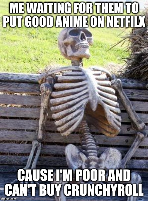 Waiting Skeleton | ME WAITING FOR THEM TO PUT GOOD ANIME ON NETFILX; CAUSE I'M POOR AND CAN'T BUY CRUNCHYROLL | image tagged in memes,waiting skeleton | made w/ Imgflip meme maker