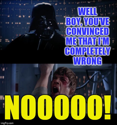 Star Wars No Meme | WELL BOY, YOU'VE CONVINCED
ME THAT I'M
COMPLETELY
WRONG NOOOOO! | image tagged in memes,star wars no | made w/ Imgflip meme maker