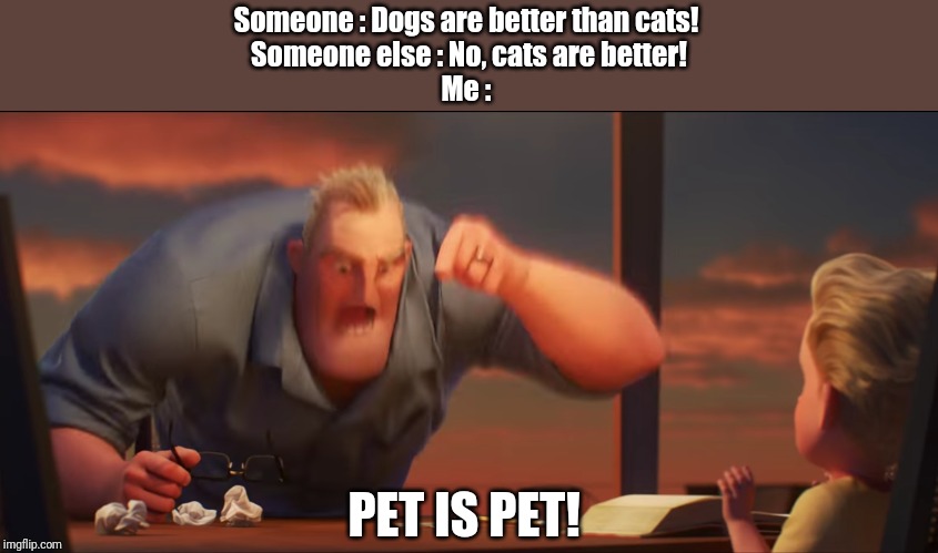 math is math | Someone : Dogs are better than cats! 
Someone else : No, cats are better!
Me :; PET IS PET! | image tagged in math is math | made w/ Imgflip meme maker