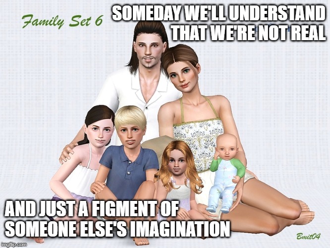 Are we Simulations? | SOMEDAY WE'LL UNDERSTAND THAT WE'RE NOT REAL; AND JUST A FIGMENT OF SOMEONE ELSE'S IMAGINATION | image tagged in sims,existence | made w/ Imgflip meme maker