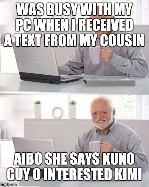 Hide the Pain Harold | WAS BUSY WITH MY PC WHEN I RECEIVED A TEXT FROM MY COUSIN; AIBO SHE SAYS KUNO GUY O INTERESTED KIMI | image tagged in memes,hide the pain harold | made w/ Imgflip meme maker