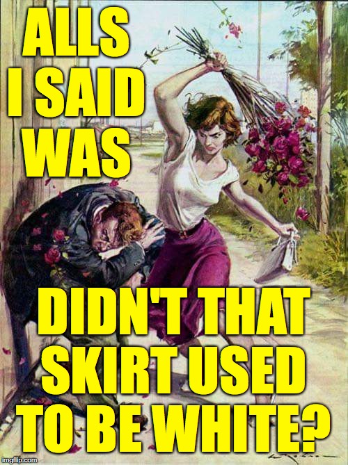 Beaten with Roses | ALLS I SAID WAS DIDN'T THAT
SKIRT USED TO BE WHITE? | image tagged in beaten with roses | made w/ Imgflip meme maker