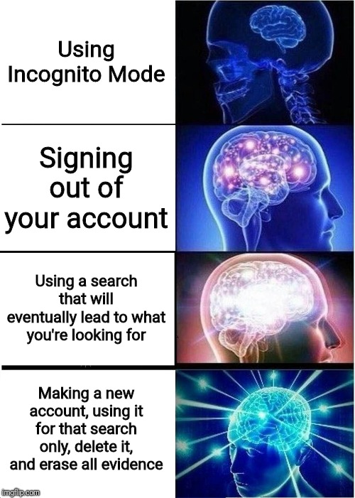 Expanding Brain Meme | Using Incognito Mode; Signing out of your account; Using a search that will eventually lead to what you're looking for; Making a new account, using it for that search only, delete it, and erase all evidence | image tagged in memes,expanding brain | made w/ Imgflip meme maker