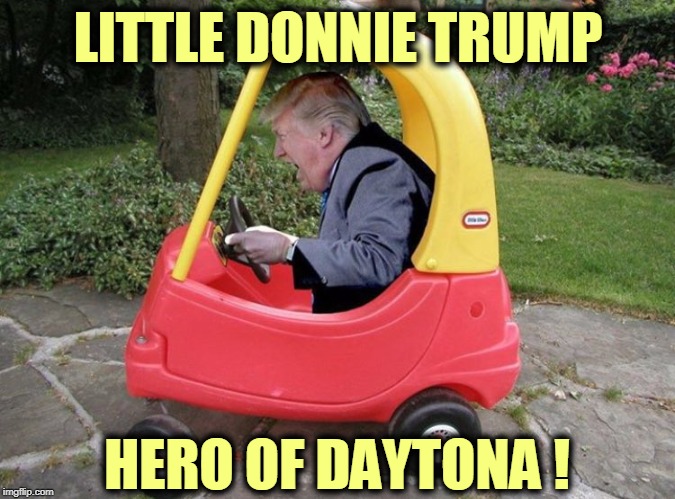 Pulled over by the cops for driving while dilated. Say, how does he fit his stomach into that thing? | LITTLE DONNIE TRUMP; HERO OF DAYTONA ! | image tagged in baby trump in his kiddie car - daytona watch out,trump,child,infant,baby | made w/ Imgflip meme maker