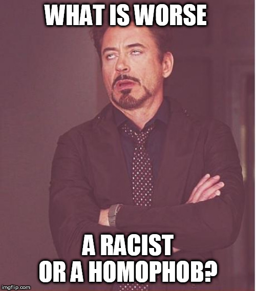 Face You Make Robert Downey Jr Meme | WHAT IS WORSE; A RACIST OR A HOMOPHOB? | image tagged in memes,face you make robert downey jr,funny | made w/ Imgflip meme maker
