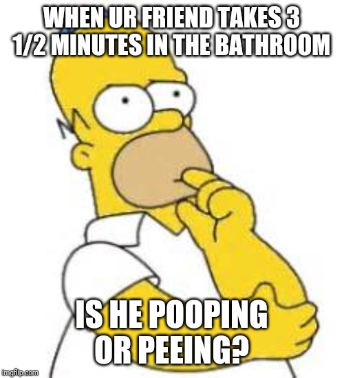 Homer Simpson Hmmmm | WHEN UR FRIEND TAKES 3 1/2 MINUTES IN THE BATHROOM; IS HE POOPING OR PEEING? | image tagged in homer simpson hmmmm | made w/ Imgflip meme maker