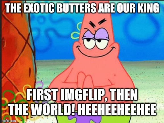 evil patrick | THE EXOTIC BUTTERS ARE OUR KING FIRST IMGFLIP, THEN THE WORLD! HEEHEEHEEHEE | image tagged in evil patrick | made w/ Imgflip meme maker