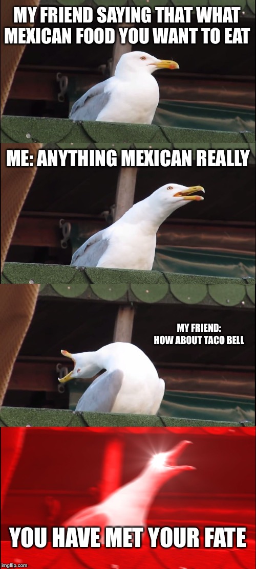 Inhaling Seagull | MY FRIEND SAYING THAT WHAT MEXICAN FOOD YOU WANT TO EAT; ME: ANYTHING MEXICAN REALLY; MY FRIEND: HOW ABOUT TACO BELL; YOU HAVE MET YOUR FATE | image tagged in memes,inhaling seagull | made w/ Imgflip meme maker