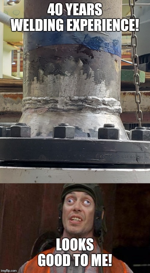 40 YEARS WELDING EXPERIENCE! LOOKS GOOD TO ME! | image tagged in looks good to me | made w/ Imgflip meme maker