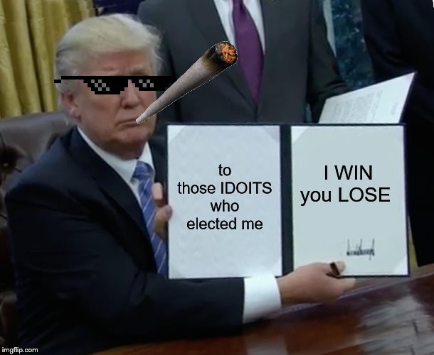 Trump Bill Signing | to those IDOITS who elected me; I WIN you LOSE | image tagged in memes,trump bill signing | made w/ Imgflip meme maker