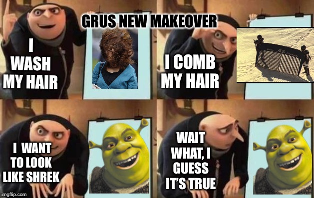 Gru's Plan Meme | GRUS NEW MAKEOVER; I WASH MY HAIR; I COMB MY HAIR; WAIT WHAT, I GUESS IT’S TRUE; I  WANT TO LOOK LIKE SHREK | image tagged in gru's plan | made w/ Imgflip meme maker