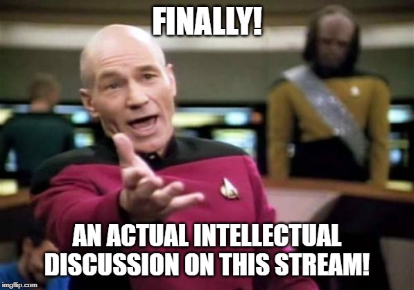 Picard Wtf Meme | FINALLY! AN ACTUAL INTELLECTUAL DISCUSSION ON THIS STREAM! | image tagged in memes,picard wtf | made w/ Imgflip meme maker