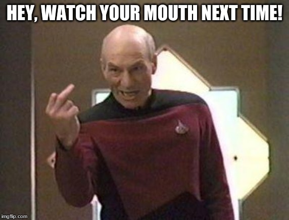 Picard middle finger | HEY, WATCH YOUR MOUTH NEXT TIME! | image tagged in picard middle finger | made w/ Imgflip meme maker