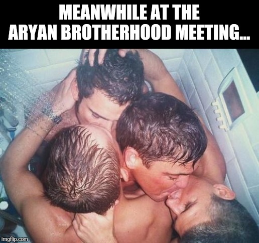 gay shower kiss | MEANWHILE AT THE ARYAN BROTHERHOOD MEETING... | image tagged in gay shower kiss | made w/ Imgflip meme maker