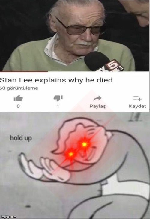 Stan Lee has came back from Famous Franchise heaven | image tagged in fallout hold up,stan lee | made w/ Imgflip meme maker