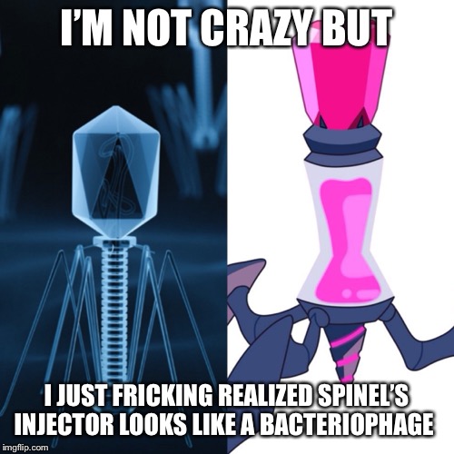 I’m not wrong, am I? | I’M NOT CRAZY BUT; I JUST FRICKING REALIZED SPINEL’S INJECTOR LOOKS LIKE A BACTERIOPHAGE | image tagged in steven universe,spinel | made w/ Imgflip meme maker