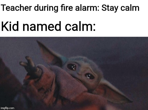 Baby yoda cry | Teacher during fire alarm: Stay calm; Kid named calm: | image tagged in baby yoda cry | made w/ Imgflip meme maker