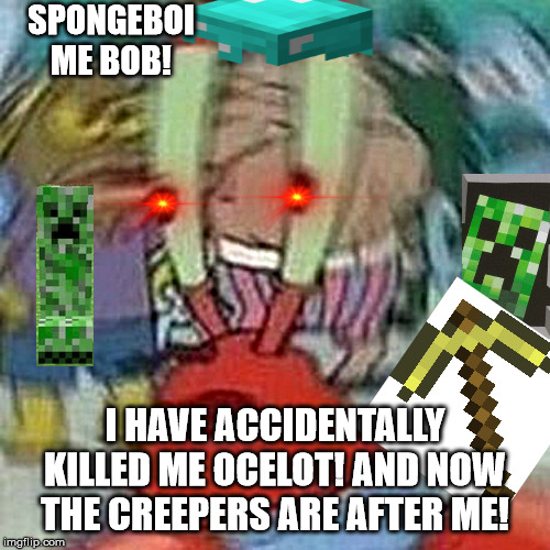 SPONGEBOY ME BOB | SPONGEBOI ME BOB! I HAVE ACCIDENTALLY KILLED ME OCELOT! AND NOW THE CREEPERS ARE AFTER ME! | image tagged in spongeboy me bob | made w/ Imgflip meme maker