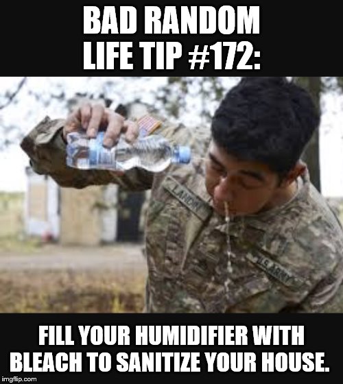 Eye Bleach  | BAD RANDOM LIFE TIP #172:; FILL YOUR HUMIDIFIER WITH BLEACH TO SANITIZE YOUR HOUSE. | image tagged in eye bleach | made w/ Imgflip meme maker