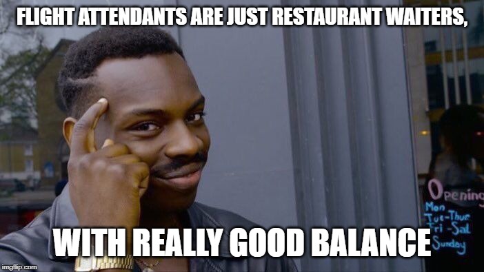 flight attendants meme | FLIGHT ATTENDANTS ARE JUST RESTAURANT WAITERS, WITH REALLY GOOD BALANCE | image tagged in memes,roll safe think about it | made w/ Imgflip meme maker