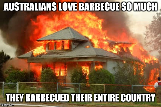 Australia last year | AUSTRALIANS LOVE BARBECUE SO MUCH; THEY BARBECUED THEIR ENTIRE COUNTRY | image tagged in burnin' house,australia,barbecue | made w/ Imgflip meme maker