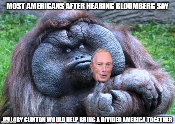 Bloomberg is running for president of California and New York, f the rest of us | MOST AMERICANS AFTER HEARING BLOOMBERG SAY; HILLARY CLINTON WOULD HELP BRING A DIVIDED AMERICA TOGETHER | image tagged in fat orangutan with middle finger,just say no to hillary | made w/ Imgflip meme maker