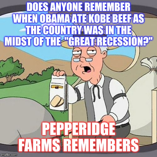 Those were the salad days. | DOES ANYONE REMEMBER WHEN OBAMA ATE KOBE BEEF AS THE COUNTRY WAS IN THE MIDST OF THE  "GREAT RECESSION?"; PEPPERIDGE FARMS REMEMBERS | image tagged in memes,pepperidge farm remembers | made w/ Imgflip meme maker