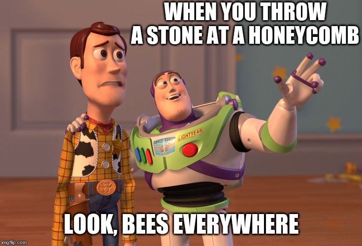 X, X Everywhere Meme | WHEN YOU THROW A STONE AT A HONEYCOMB; LOOK, BEES EVERYWHERE | image tagged in memes,x x everywhere | made w/ Imgflip meme maker