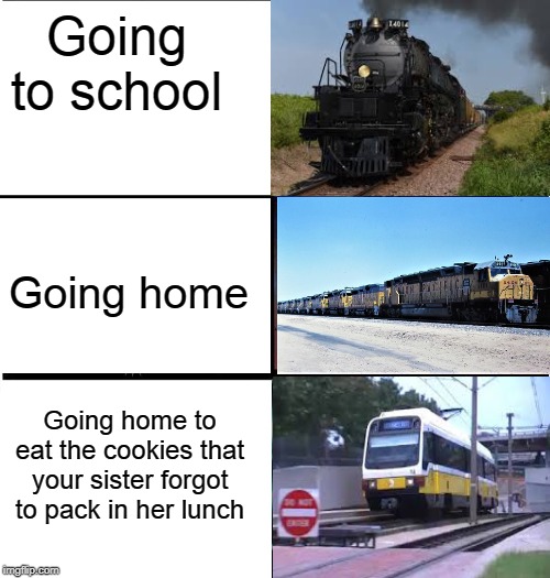Expanding Brain 3 | Going to school; Going home; Going home to eat the cookies that your sister forgot to pack in her lunch | image tagged in expanding brain 3 | made w/ Imgflip meme maker
