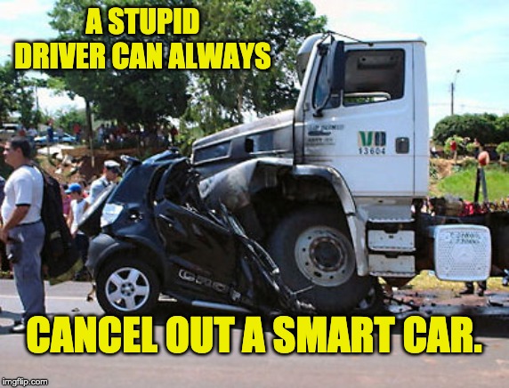 Smart CAR not very SMART | A STUPID DRIVER CAN ALWAYS; CANCEL OUT A SMART CAR. | image tagged in smart car not very smart | made w/ Imgflip meme maker