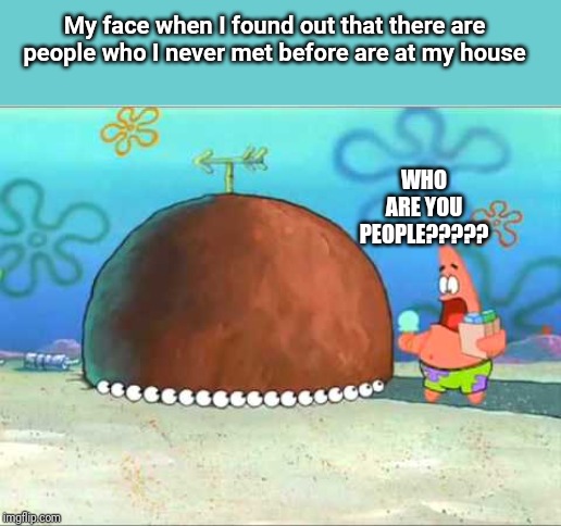 My face when I found out there are people who I never met before are at my house | My face when I found out that there are people who I never met before are at my house; WHO ARE YOU PEOPLE????? | image tagged in patrick who are you people,who are you people,memes,meme,patrick star,funny | made w/ Imgflip meme maker
