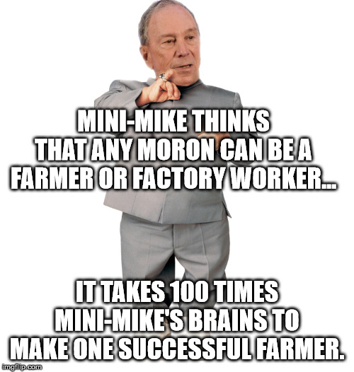 mini mike bloomberg | MINI-MIKE THINKS THAT ANY MORON CAN BE A FARMER OR FACTORY WORKER... IT TAKES 100 TIMES MINI-MIKE'S BRAINS TO MAKE ONE SUCCESSFUL FARMER. | image tagged in mini mike bloomberg | made w/ Imgflip meme maker