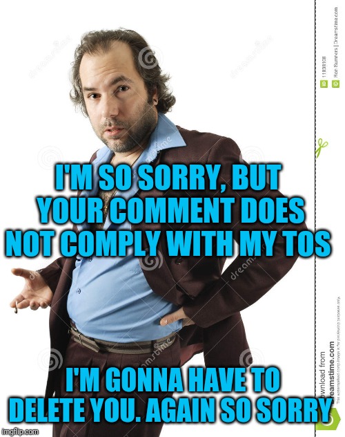 I'M SO SORRY, BUT  YOUR COMMENT DOES NOT COMPLY WITH MY TOS I'M GONNA HAVE TO DELETE YOU. AGAIN SO SORRY | made w/ Imgflip meme maker
