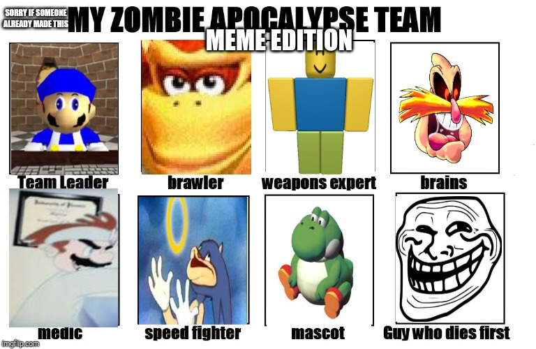 My Zombie Apocalypse Team | SORRY IF SOMEONE ALREADY MADE THIS; MEME EDITION | image tagged in my zombie apocalypse team | made w/ Imgflip meme maker