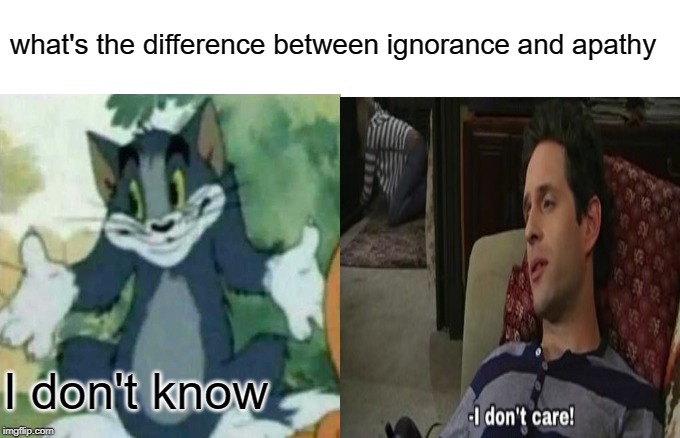 what's the difference between ignorance and apathy; I don't know | image tagged in memes | made w/ Imgflip meme maker