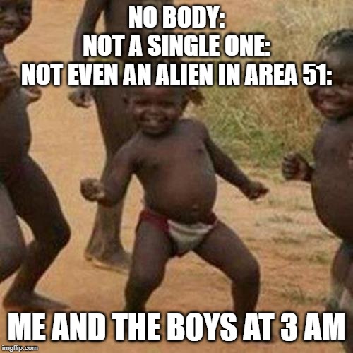 Third World Success Kid | NO BODY:
NOT A SINGLE ONE:
NOT EVEN AN ALIEN IN AREA 51:; ME AND THE BOYS AT 3 AM | image tagged in memes,third world success kid | made w/ Imgflip meme maker