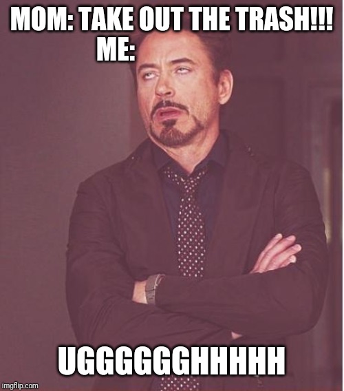 Face You Make Robert Downey Jr Meme | MOM: TAKE OUT THE TRASH!!!
ME:; UGGGGGGHHHHH | image tagged in memes,face you make robert downey jr | made w/ Imgflip meme maker