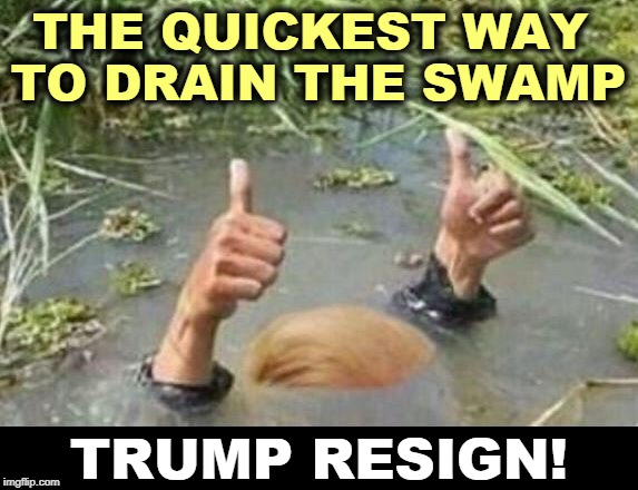 The most corrupt president in 100 years, and he's getting worse. | THE QUICKEST WAY 
TO DRAIN THE SWAMP; TRUMP RESIGN! | image tagged in trump drowns in his own swamp - no drain,trump,corrupt,corruption,drain the swamp,resignation | made w/ Imgflip meme maker