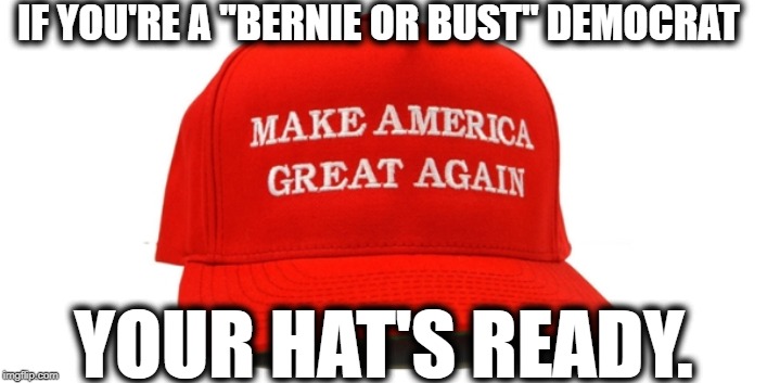 It's Not Too Late To Jump The Bernie Ship | IF YOU'RE A "BERNIE OR BUST" DEMOCRAT; YOUR HAT'S READY. | image tagged in bernie sanders,maga,donald trump,democrats,hat,morons | made w/ Imgflip meme maker